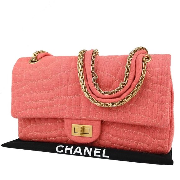 CHANEL Logo 2.55 Double Flap Chain Shoulder Bag Canvas Leather Pink - Picture 1 of 16